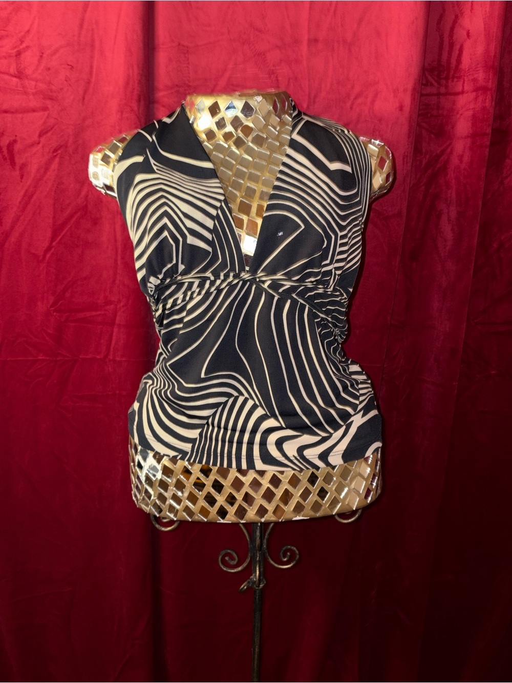 Black and Cream V-Neck Halter Top